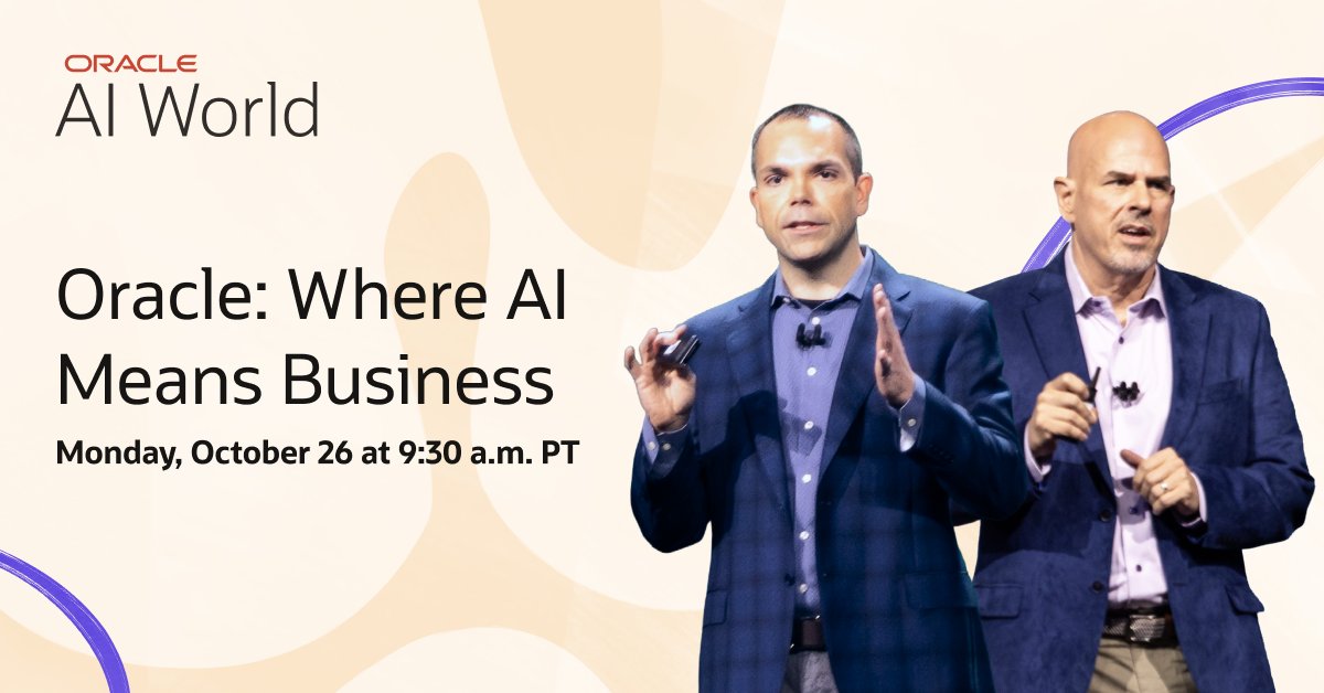 adinswain's tweet photo. Join Oracle CEO's, Mike Sicilia and Clay Magouyrk, for their #AIWorld keynote to see how Oracle brings AI and trusted data into the applications people use every day. https://t.co/0teD7ruW2A https://t.co/wfo6XIktaO