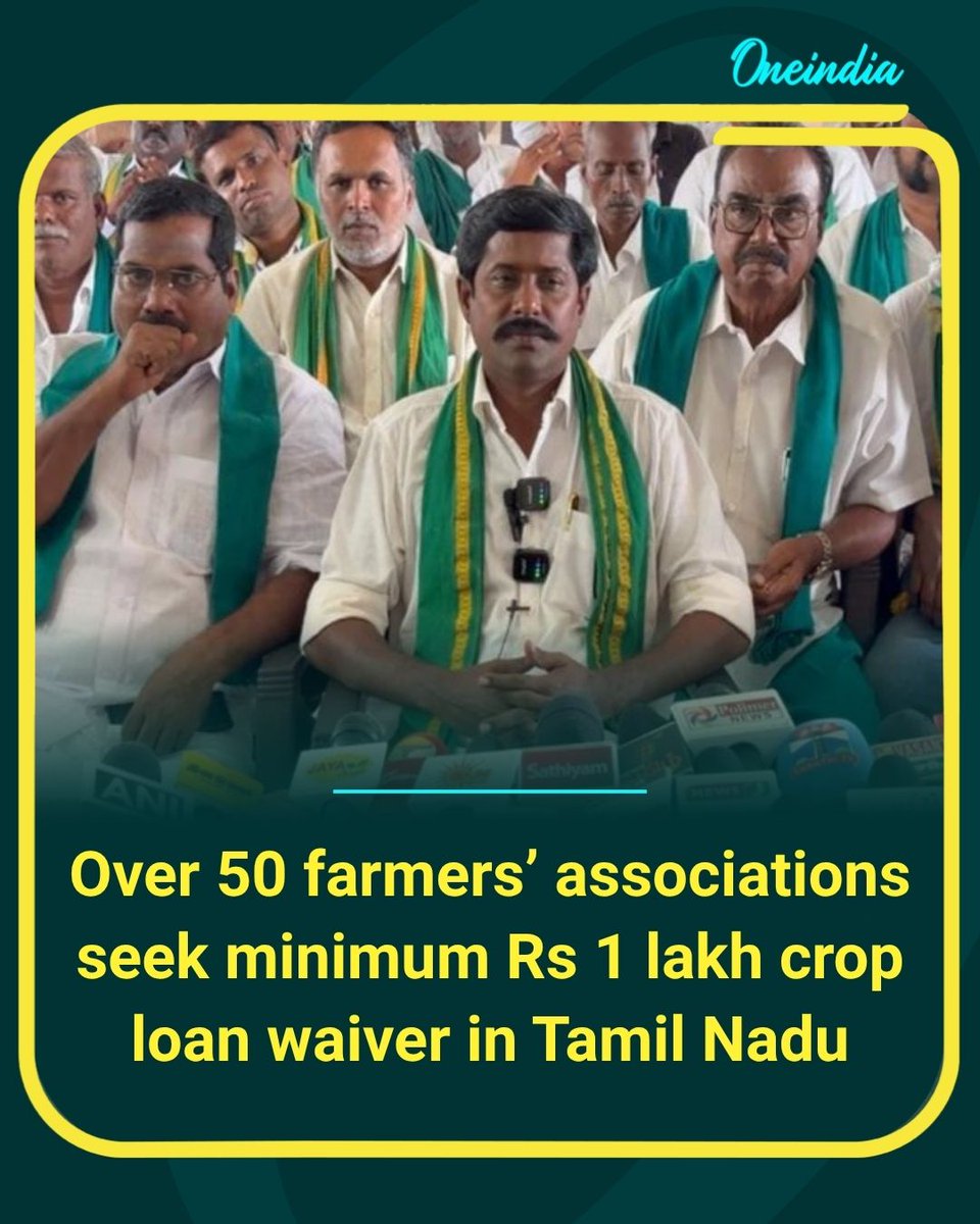 Oneindia's tweet photo. More than 50 farmers’ associations in Tamil Nadu have sought a minimum crop loan waiver of ₹1 lakh, urging relief for farmers facing financial challenges.

#TamilNadu #Farmers #CropLoanWaiver #NewsUpdate #OI https://t.co/cXgQCe3Co8