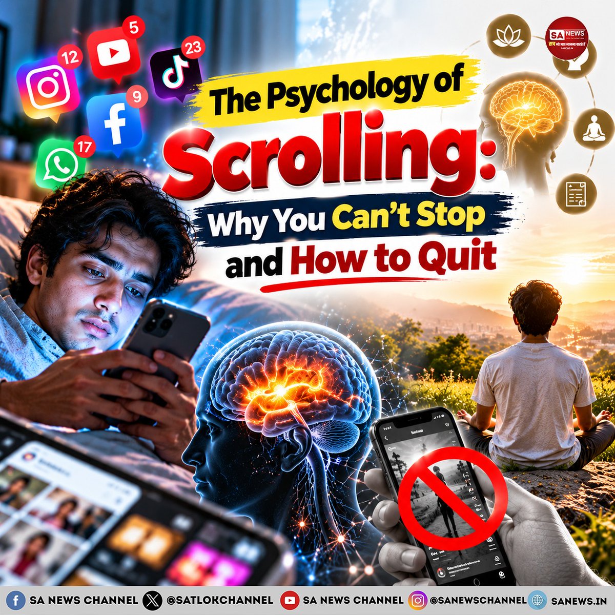 SatlokChannel's tweet photo. Why is it so difficult to put your phone down? The psychology of scrolling reveals how unpredictable rewards, dopamine driven anticipation, infinite feeds and personalised algorithms encourage people to keep swiping. Although scrolling may offer temporary entertainment, excessive use is associated with anxiety, stress, poor sleep and reduced psychological well being. Doomscrolling can further intensify distress by keeping people engaged with alarming news and negative content. Understanding these behavioural patterns is the first step towards healthier digital habits, greater awareness and more intentional screen time: https://t.co/nDMJoAfbmp 

#PsychologyOfScrolling #Doomscrolling #DigitalWellbeing #MentalHealth #SocialMedia