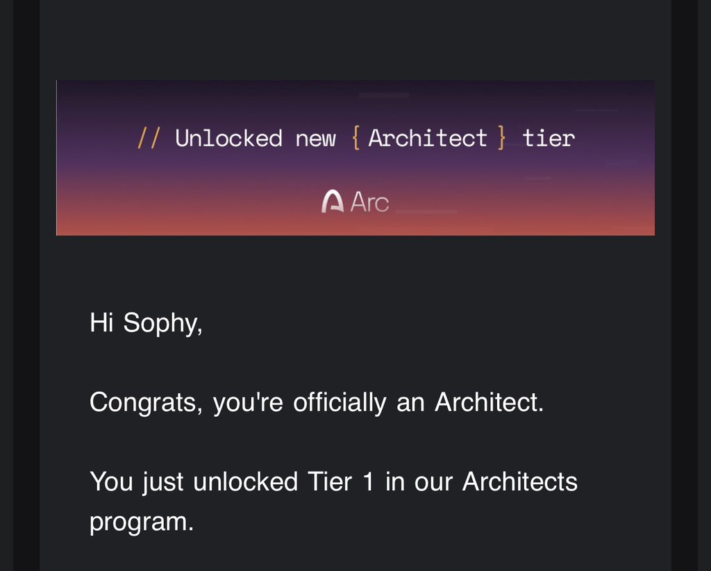 Sophyaani's tweet photo. one thing about me? i’ll keep showing up and learning.

happy to share that i’ve unlocked Tier 1 Architect in @arc ’s Architects program.

grateful for the milestone. time to keep building. 🤍 https://t.co/fi6MOyYPD6