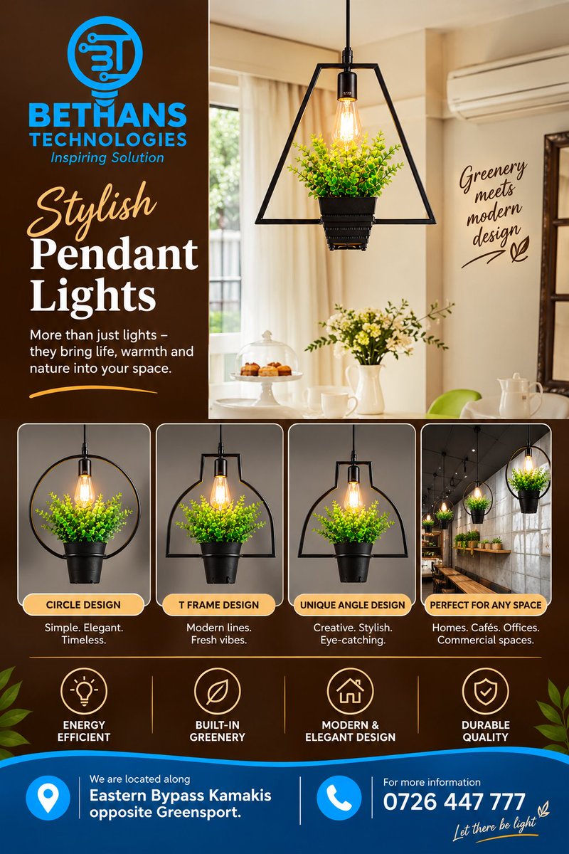 BethansTech's tweet photo. ✨ Light up your space with our stylish decorative pendant lights! 🌿💡 Elegance meets nature with Bethans Technologies.
📍 Eastern Bypass, Kamakis, opposite Greensport.
📞 0726 447 777
Bethans Technologies — Inspiring Solution! 💙
#Eastleigh https://t.co/vKXKiCsJIe