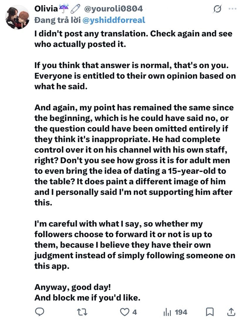 yshiddforreal's tweet photo. @BanNanhNe yeah she deleted that out of-context translation, then replied to me with this. Honestly, I don’t even want to argue with her. She dragged others into criticizing Shuu, then claimed she never posted anything. Ridiculous 🤡 https://t.co/XU1CIVi6w9