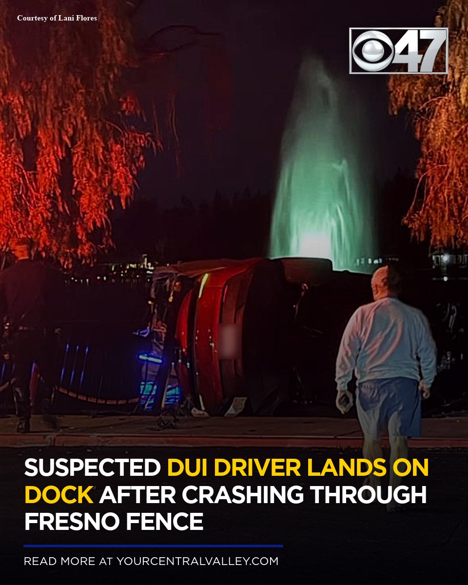 CBS47's tweet photo. A man was arrested on suspicion of DUI after crash-landing onto a dock in north Fresno Friday night. https://t.co/0H36cHurbU