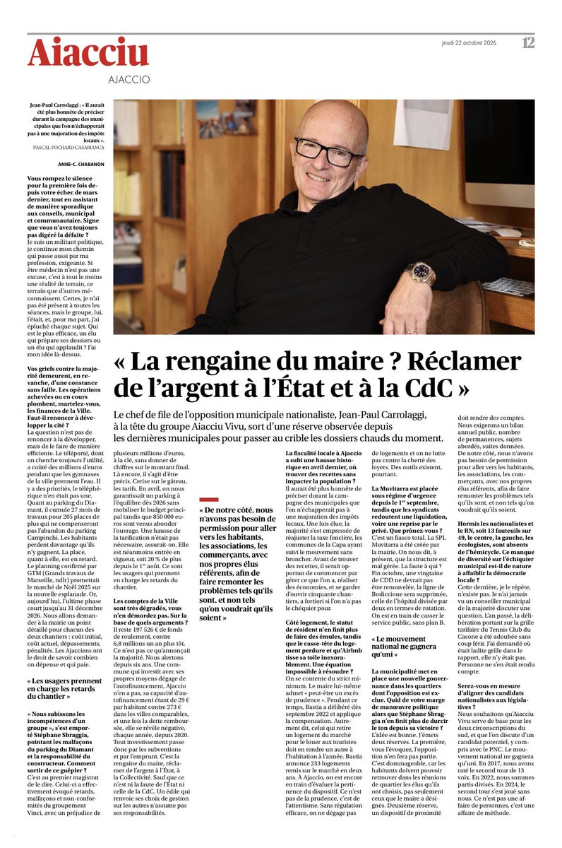 aiacciuvivu's tweet photo. 📰 𝐒𝐭𝐚𝐦𝐩𝐚

Ritruveti l’intervista di u duttori Jean-Paul Carrolaggi nantu à a situazioni pessima in Aiacciu. 

Sept mois après leur réélection serrée, Stéphane Sbraggia et la majorité municipale sont en situation d’échec total sur tous les dossiers. 

@Corse_Matin https://t.co/Krlk31RoD5
