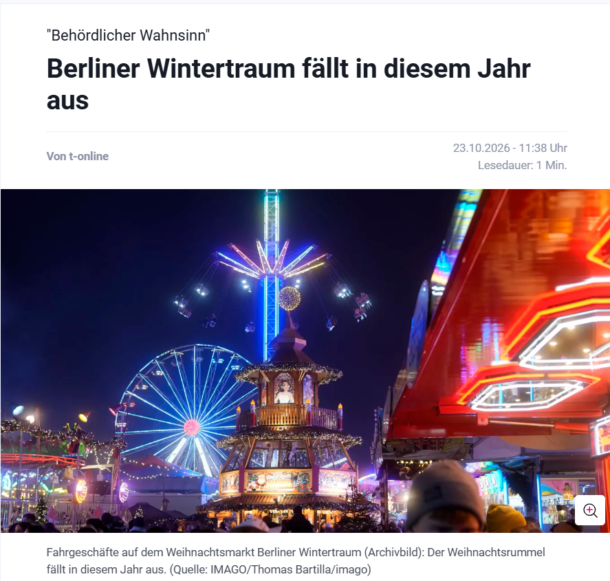 Shinsho_ni's tweet photo. Berliner Wintertraum am Hauptbahnhof abgesagt – Behörden machen den Traum zunichte 🎄

Sollte dieses Jahr eigentlich zum ersten Mal am Hauptbahnhof laufen. Jetzt fällt er komplett aus. Die Veranstalter schreiben selbst von behördlichem Wahnsinn. Ausweichfläche gibt’s auch nicht. Einfach gestrichen, weil Flächen und Genehmigungen nicht klappen. So läuft das halt.

Während hier ein Markt nach dem anderen an Auflagen scheitert, wird in Budapest der Advent Basilika-Markt wieder zum schönsten Weihnachtsmarkt Europas gekürt. Der öffnet planmäßig. In England fallen einzelne aus, weil Sicherheit und Verkehr teurer werden. Hier reicht die Ansage vom behördlichen Wahnsinn. Das trifft halt die kulturelle Kontinuität, die solche Märkte eigentlich tragen sollen.

Die Veranstalter sagen, man soll nach Spandau kommen. Ändert nichts daran, dass ein zentraler Platz einfach ausfällt. Ein Weihnachtsmarkt gehört zur normalen öffentlichen Kultur. Wenn Behörden den verhindern, ist das selbstgemachte Absage.
https://t.co/b1y8EF8Nmd
https://t.co/ipG4ut4tXC
https://t.co/4AvYrpglVe
Satire nichts ist ernst gemeint.