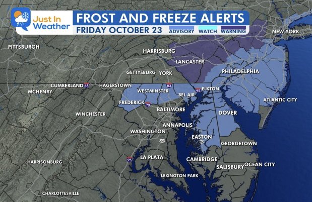 JustinWeather's tweet photo. ⚠️ 🧊 Northern Delmarva has joined North Central Maryland in The Frost Advisory Club. 
The light wind from the ocean will add moisture and help with the frost. 

I’m looking forward to see how far down the peninsula this stretches. 

Note: West of Lancaster the growing season is considered over after experiencing a Freeze.