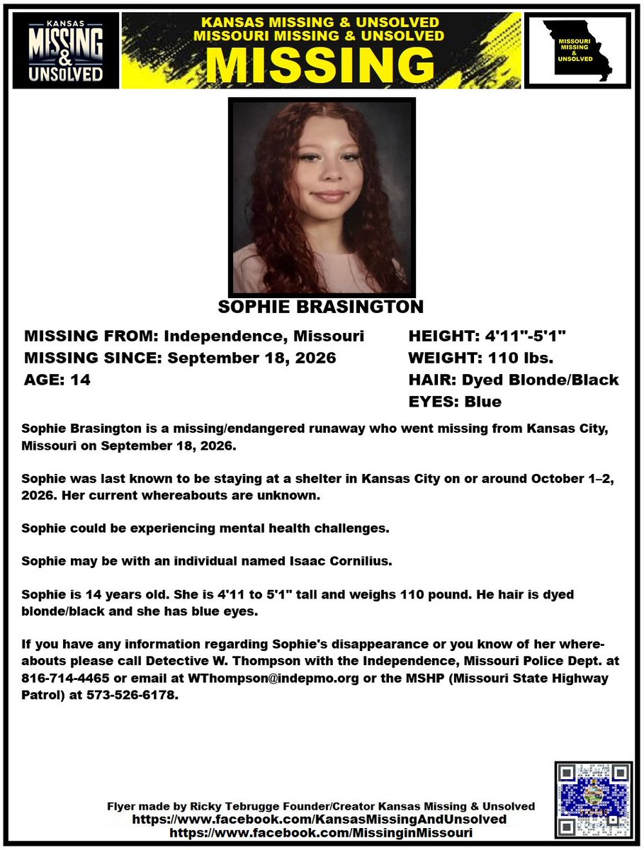 KansasMissing's tweet photo. #MISSINGPERSON #MISSING PLEASE SHARE/PRINT/POST!!! SOPHIE BRASINGTON (INDEPENDENCE, MISSOURI)!!!

#KansasMissing
#MissingInKansas 
#MissingKansan
#MissingInMissouri
#MissouriMissing
#MissouriMissingPerson
#Independence
#Missouri 
@AnnetteLawless https://t.co/Ggp3sahBLu