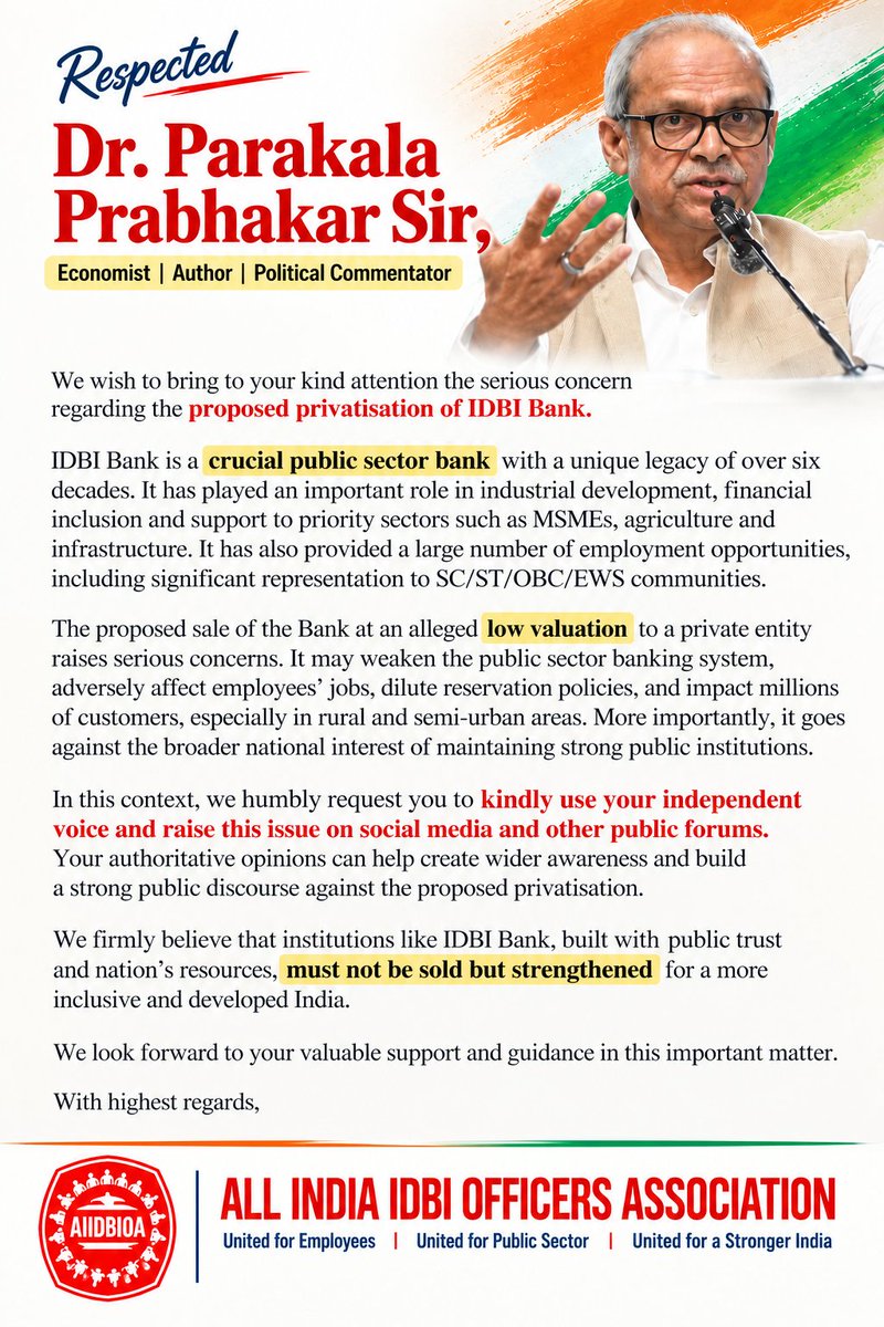 saveidbibank64's tweet photo. Respected @parakala prabhakar Garu, we humbly appeal to you to raise your voice against IDBI Bank privatisation.
Please highlight concerns over undervaluation, employees’ job security and reservation safeguards.
Urge the Government to protect this vital public institution. https://t.co/aTSYSonqod
