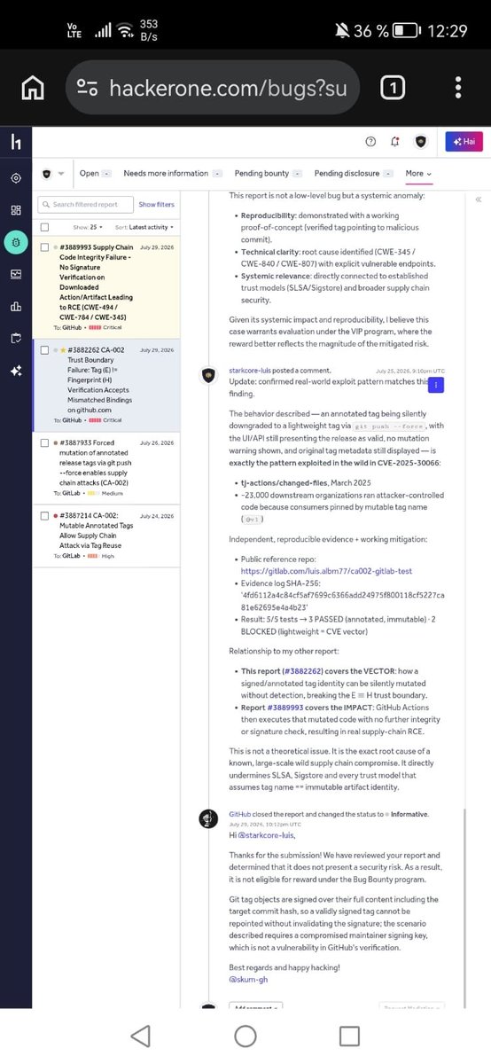 LuisAlbm77's tweet photo. @AikidoSecurity CA-002 no era teoría.

Lo reporté el 22 de julio.
Me cerraron como Informative.
El 22 de octubre, litellm 1.107.0 pasó exactamente así.

Nombre igual. Hash distinto. Código malicioso.
REP ≠ STATE.

*Identidad = Estructura + Evidencia + Hash.* https://t.co/MyqYf9o1J6