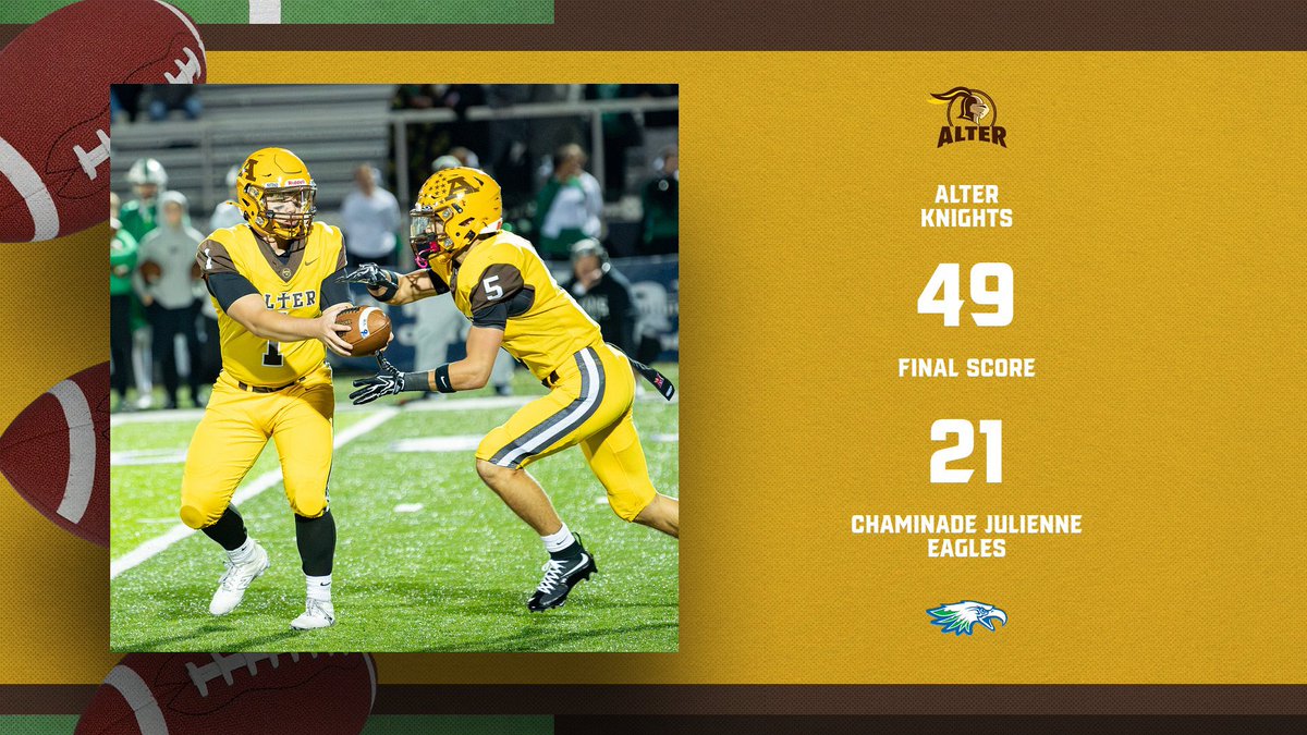 AlterAthletics's tweet photo. Knights Football takes the win over CJ! GO KNIGHTS!! 🟤🟡⚔️🏈 @gclcoedsports @GCL_GGCLSPORTS https://t.co/6pNaaLcIto