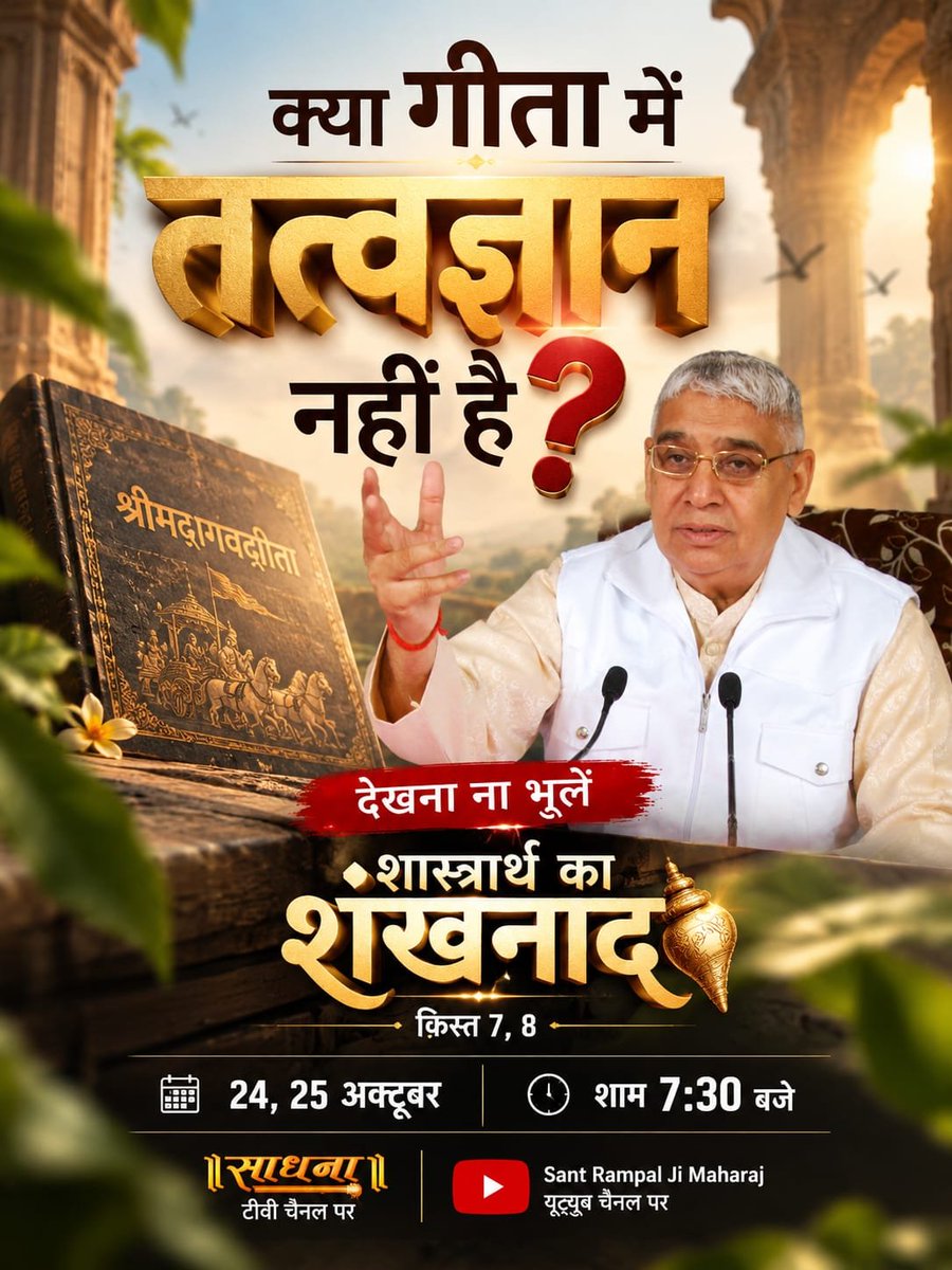 simple_LivingR's tweet photo. क्या गीता में तत्वज्ञान नहीं है?
देखना ना भूलें शास्त्रार्थ का शंखनाद | क़िस्त 7, 8 
24, 25 अक्टूबर शाम 7:30 बजे साधना टीवी चैनल और Sant RampalJi YtChannel
#BiggestDebate_InHistoryPart7 🔥 https://t.co/XZME0M49DT
