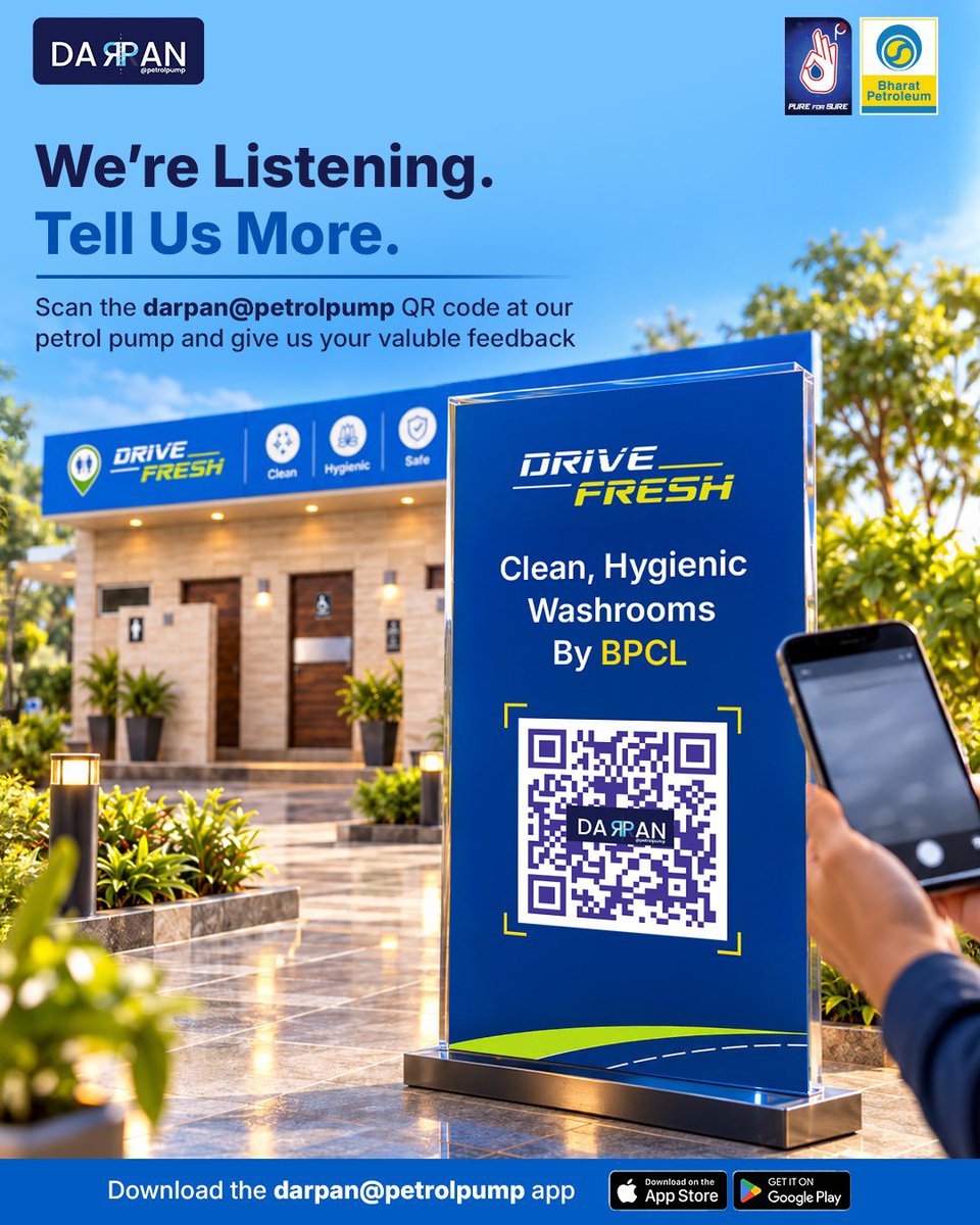 bpclretailjai1's tweet photo. A cleaner stop. A more comfortable journey. Through our DriveFresh programme, we are strengthening washroom standards at our retail outlet Sharma Brothers, Tonk Road, Jaipur. Your feedback matters. Scan the DARPAN QR code and share your experience. 

#BPCL #DriveFresh #DARPAN https://t.co/zb1qchpPzo