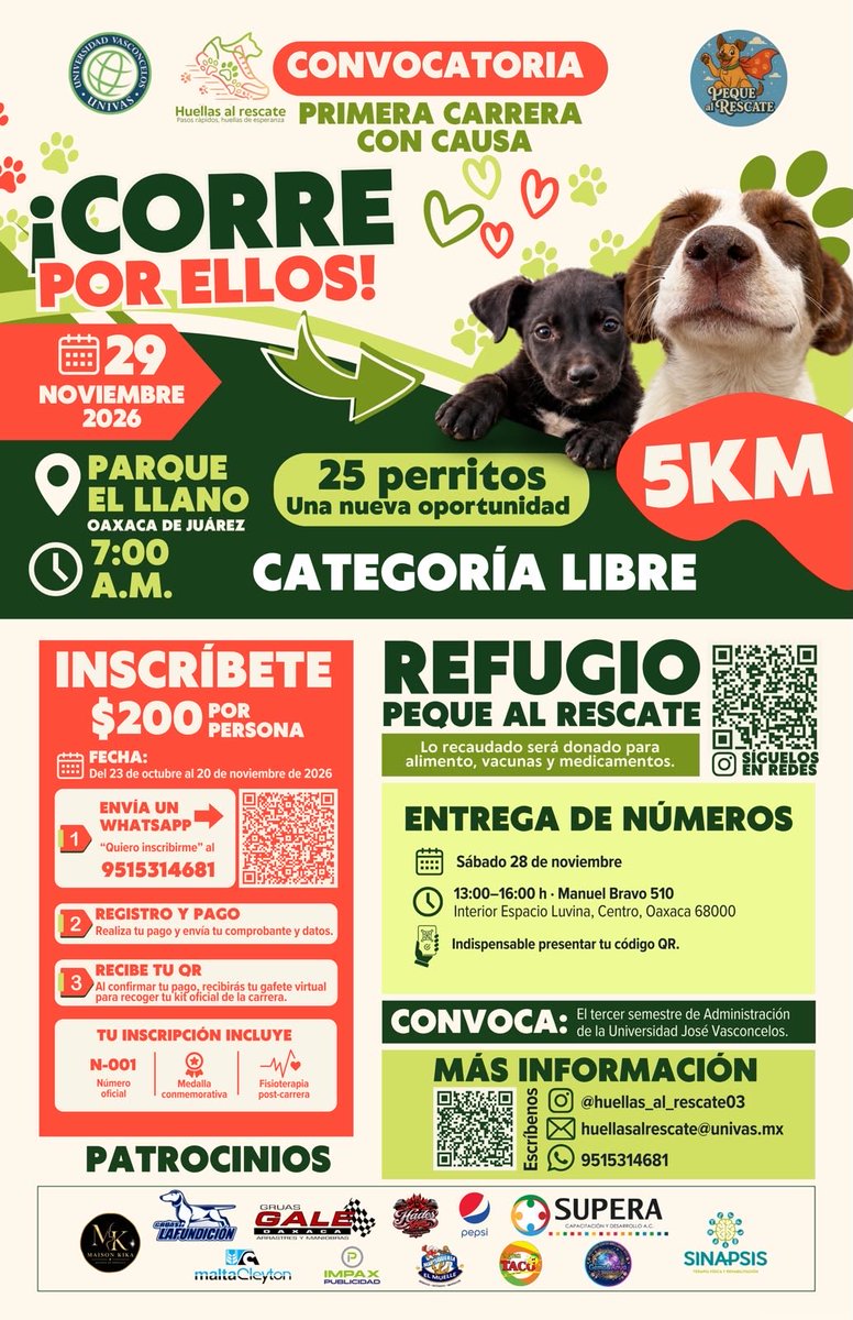 NADIASANABIA's tweet photo. 🐾❤️ 25 PERRITOS. 400 CORREDORES. UNA OPORTUNIDAD PARA CAMBIAR SU HISTORIA #Oaxaca

Ellos no pueden pedir ayuda. Pero 400 personas pueden correr para conseguirla.

El próximo 29 de noviembre, estudiantes de Administración de Empresas de la Universidad José Vasconcelos organizan Huellas al Rescate, una carrera de 5 kilómetros para apoyar a los 25 perros del refugio Peque al Rescate.

🏃‍♀️ No necesitas ser atleta profesional. Necesitas tener ganas de participar.

📍 Parque El Llano, Oaxaca de Juárez.
🕖 7:00 de la mañana.
🎟️ Inscripción: $200 por persona.
📅 Inscripciones hasta el 20 de noviembre.

Tu participación contribuirá a reunir recursos para alimento, vacunas y medicamentos.

¿Te sumas a los 400?

📲 Inscripciones e informes por WhatsApp: 951 531 4681.

🐶 Comparte esta publicación. Quizá entre tus amigos esté alguien que quiera correr por ellos.

#HuellasAlRescate #CorrePorEllos #Oaxaca 
¡AYÚDANOS A COMPARTIR! 🫶