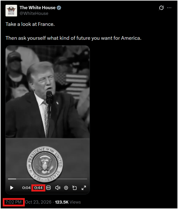 7thDean's tweet photo. The message from President Trump we've all been waiting may be coming soon....🙏

The White House's post showing a :44 second video of President Trump talking about the riots in France has a timestamp of 7:02 PM EST

I believe by President Trump sending this video out talking about the riots in France and what's going on over there, he is given us the clue what's about to happen here very soon, and it's all probably going to be centered around the midterms..

With that, onto my decode...

Q 44
11/02/2017
Before POTUS departs on Friday he will be sending an important message via Twitter. God bless.

I know we've seen this post before, but by using the timestamp of 7:02 that really puts a big bow on it, showing POTUS departing on Air Force One...

Q 702
Pic: Air Force One taxiing on a runway getting ready for takeoff ✈️👀

_yes
CONF
Bravo-TK_964389&66
Q

It may not happened tonight, but it looks like we're getting closer to that Friday departure and that very important message we've all been waiting for. Stay tuned...✈️🛫👀🍿

Some things to consider....🧐

If President Trump declares a national security emergency on our elections we know what the Democrats in the left will do. 
They will start riots. 

If the election goes through and the Republicans win in a red wave, we know what the Democrats and the left will do. 
They will say President Trump stole the election and they will start riots. 

Either way, it's going to force President Trump's hand to declare martial law and bring in the military, because like we've always been told, The only way is the military. 

When that happens it would be the perfect time for President Trump to depart and send his important message via Twitter/post: "My fellow Americans, the storm is upon us...."

I'm not saying this is going to happen this way, I'm just sharing my thoughts on the possibilities of how this might go down...🤷‍♂️