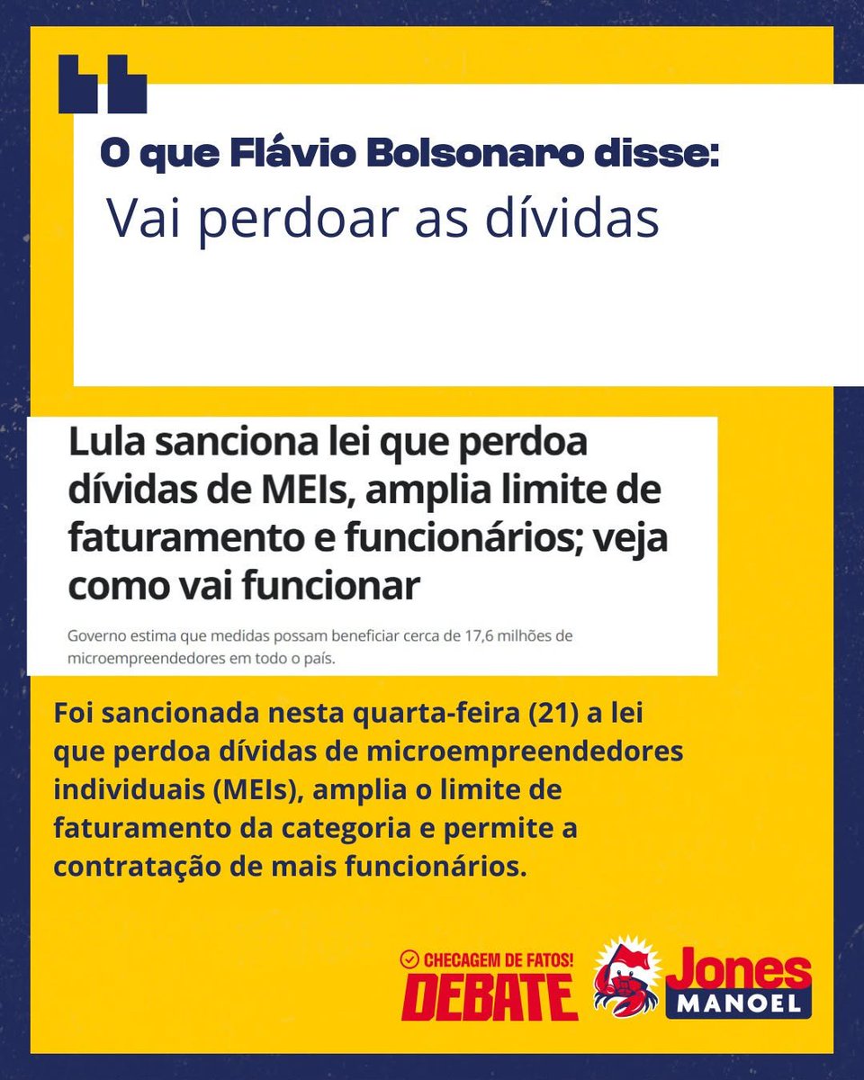 lafatuitando's tweet photo. Flávio copia proposta de Lula!

Foi sancionada nesta quarta-feira (21) a lei que perdoa dívidas de microempreendedores individuais (MEIs), amplia o limite de faturamento da categoria e permite a contratação de mais funcionários.

Segundo o Ministério do Empreendedorismo, da Mi... https://t.co/cZmaGptq54
