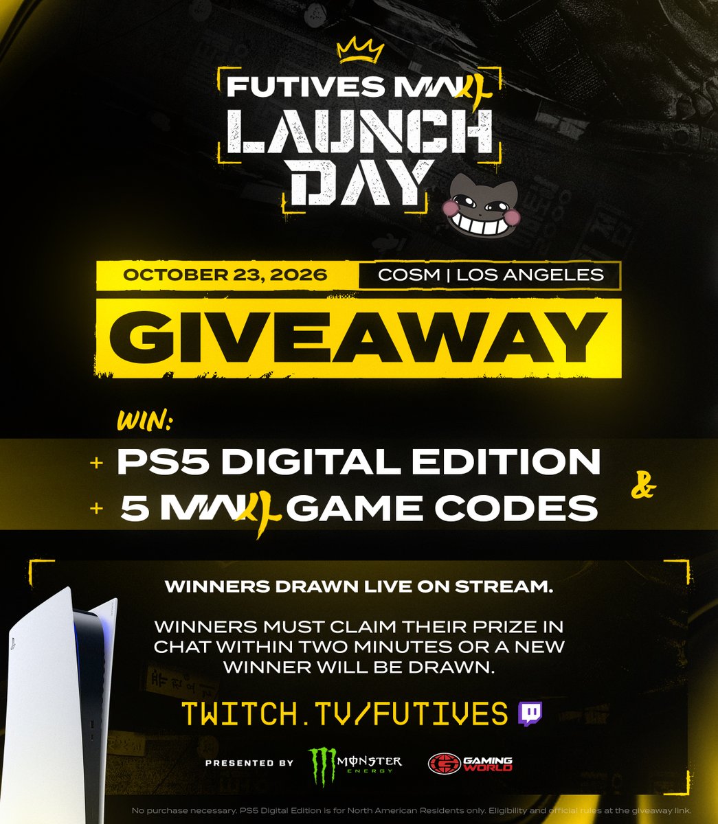 Futives's tweet photo. MW4 IS FINALLY HERE!

To celebrate, I've partnered up with Gaming World + Monster Energy for the MW4 Launch Day at COSM! 

I'll be giving away:

-1 PS5 Digital Edition

-5 Copies of Modern Warfare 4 for any platform

I'm live right now with the link and more info on the giveaway! #CODPartner