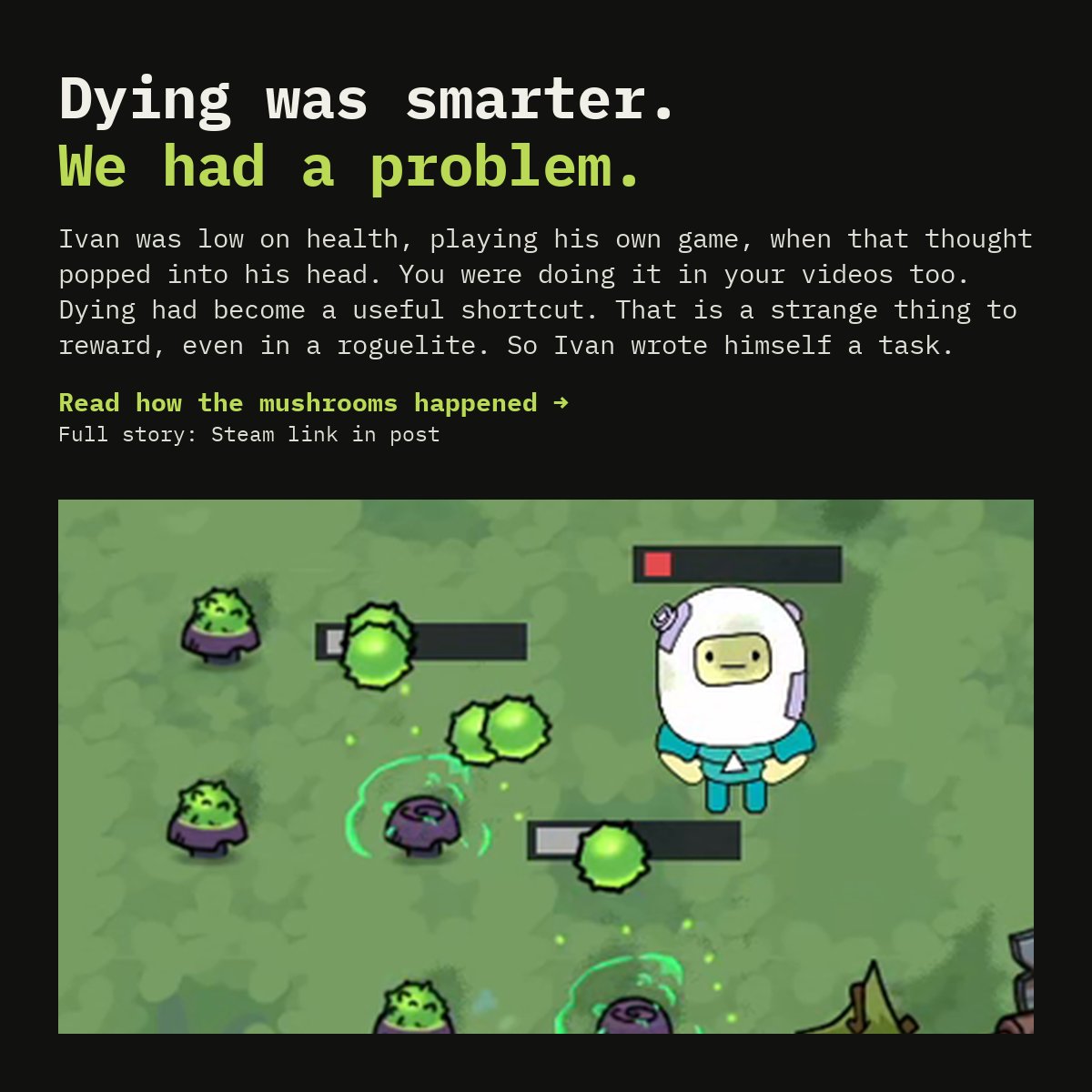 luden_io's tweet photo. Dying on purpose to heal. A button that vanished but still crashed the game. An invasion of Discotrones.
Read Ivan's full update:
https://t.co/K4yidh5K1c
Made with Defold.
#SuperWEIRDGame #MadeWithDefold #GameDev https://t.co/hBhlTMWB9L
