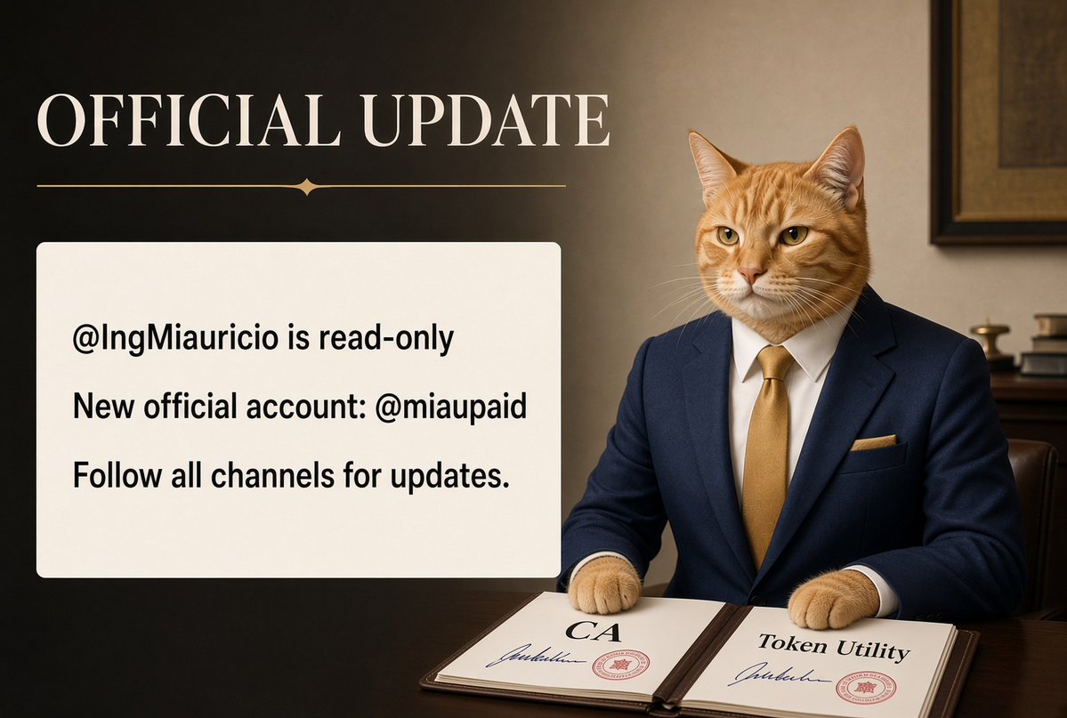 MiauricioFather's tweet photo. Official Update –/ $MIAU

The official account @IngMiauricio remains permanently in read-only mode following an X review.

To stay informed of all project updates, follow our new X account:
@miaupaid → https://t.co/4YPcCURnMN

The past three weeks of lower activity were not an abandonment. The team has been focused on finalizing the token utility. The unit is now complete and will go live in the coming days. The contract address (CA) is expected next week.

Follow all official channels for the latest information:
• X: https://t.co/4YPcCURnMN
• Telegram: https://t.co/hLSBeZfwF7
• TikTok: https://t.co/d6VjRuoJ5O
• Instagram: https://t.co/2VjNAxae2A
Same team. Same project.

$MIAU

@MiauricioFather

#SOLANA #OMDOTFUN #AIDO #ARC #OM #SOON