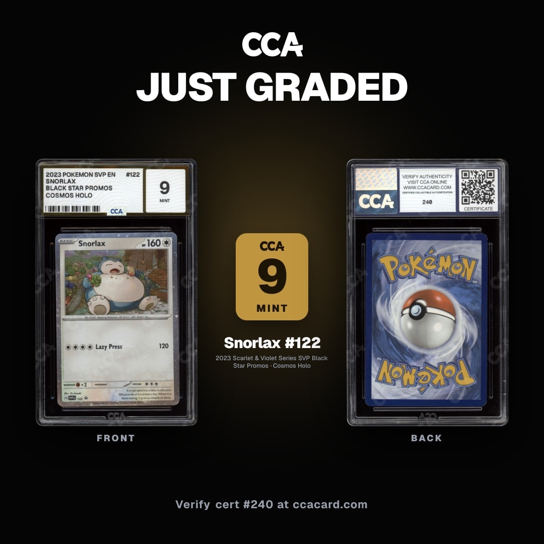 CCACertTracker's tweet photo. 2023 Pokemon SVP Black Star Promos Snorlax #122 Cosmos Holo CCA 9 Mint
Subs: 10 / 8 / 9 / 9

Cert: https://t.co/W8ZR40X4Pb
Start a submission: https://t.co/RZmjELVoQv

#Snorlax #Pokemon #PokemonTCG #CCACard #PTCG #PokemonCommunity #CardGrading #CardCollecting https://t.co/8aPWam29uB