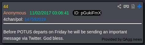 7thDean's tweet photo. The message from President Trump we've all been waiting may be coming soon....🙏

The White House's post showing a :44 second video of President Trump talking about the riots in France has a timestamp of 7:02 PM EST

I believe by President Trump sending this video out talking about the riots in France and what's going on over there, he is given us the clue what's about to happen here very soon, and it's all probably going to be centered around the midterms..

With that, onto my decode...

Q 44
11/02/2017
Before POTUS departs on Friday he will be sending an important message via Twitter. God bless.

I know we've seen this post before, but by using the timestamp of 7:02 that really puts a big bow on it, showing POTUS departing on Air Force One...

Q 702
Pic: Air Force One taxiing on a runway getting ready for takeoff ✈️👀

_yes
CONF
Bravo-TK_964389&66
Q

It may not happened tonight, but it looks like we're getting closer to that Friday departure and that very important message we've all been waiting for. Stay tuned...✈️🛫👀🍿

Some things to consider....🧐

If President Trump declares a national security emergency on our elections we know what the Democrats in the left will do. 
They will start riots. 

If the election goes through and the Republicans win in a red wave, we know what the Democrats and the left will do. 
They will say President Trump stole the election and they will start riots. 

Either way, it's going to force President Trump's hand to declare martial law and bring in the military, because like we've always been told, The only way is the military. 

When that happens it would be the perfect time for President Trump to depart and send his important message via Twitter/post: "My fellow Americans, the storm is upon us...."

I'm not saying this is going to happen this way, I'm just sharing my thoughts on the possibilities of how this might go down...🤷‍♂️