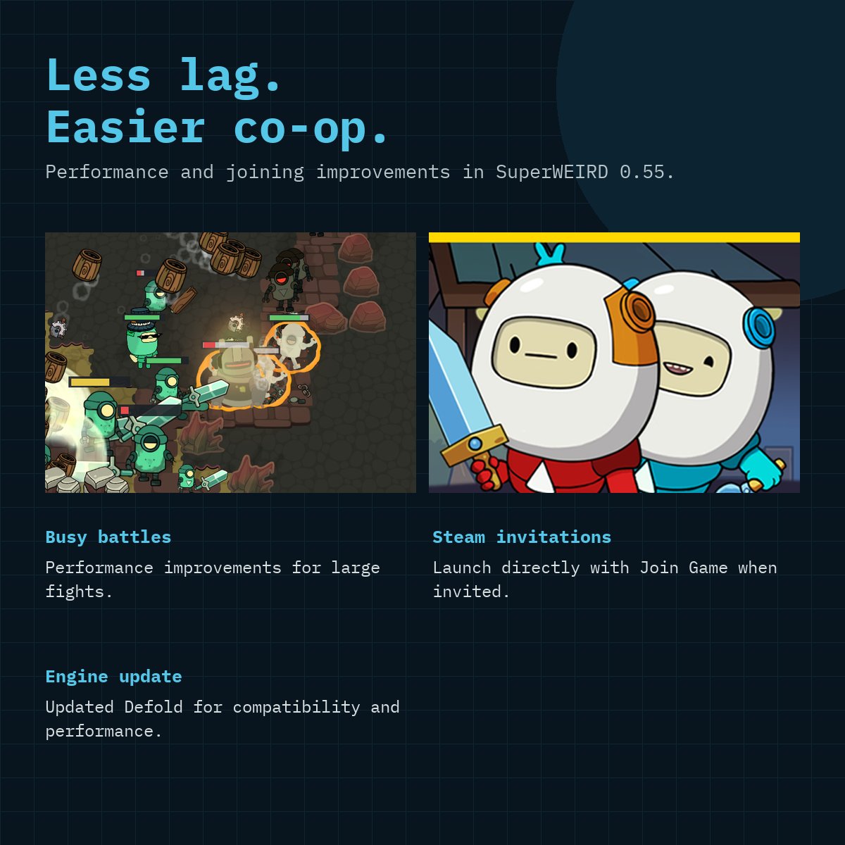 luden_io's tweet photo. SuperWEIRD 0.55: healing mushrooms, clearer weapon tiers, sharper movement and fixes for co-op and expeditions.
Full update:
https://t.co/K4yidh5K1c
Made with Defold.
#SuperWEIRDGame #MadeWithDefold #GameDev https://t.co/GKGuXBsqpp