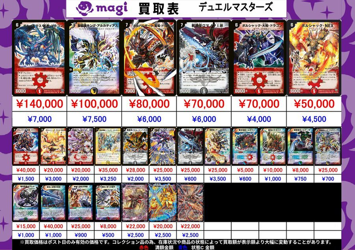 magi_kaitori's tweet photo. ✨#デュエルマスターズ 買取情報✨

デュエマ、旧枠の買取表になります‼
買取表に無いカードも募集中！

エポスカードご提示で買取価格5％UP

ぜひ当店までお持ち込みください

※買取価格はPOP掲載当日のみ有効です
※在庫数や状態によって買取価格が変わる場合がございます。

#magi秋葉原駅前買取センター
#秋葉原
