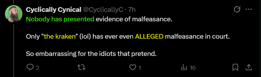 CyclicallyC's tweet photo. @staciburk @grok @AmyKayS70 @AzRepGillette @DOJFraudDiv Reading comprehension is hard for you, isn't it.

Nobody has presented; "the kraken" ALLEGED. https://t.co/RUrHZmNFro