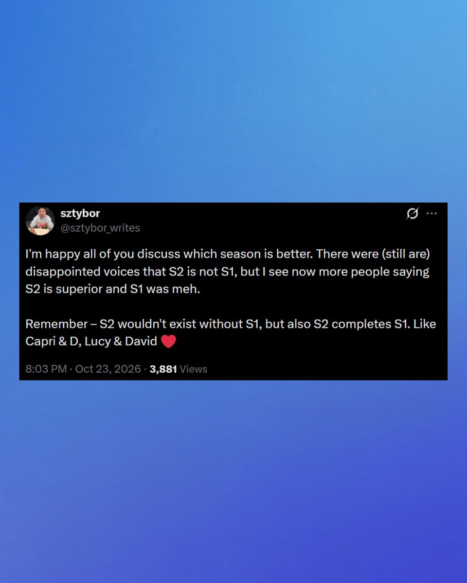 AnimeTokki's tweet photo. 'Cyberpunk: Edgerunners' Creator on people discussing which Season was better:

"I'm happy all of you discuss which season is better. There were (still are) disappointed voices that S2 is not S1, but I see now more people saying S2 is superior and S1 was meh.

Remember – S2 wouldn't exist without S1, but also S2 completes S1. Like Capri & D, Lucy & David ❤️"