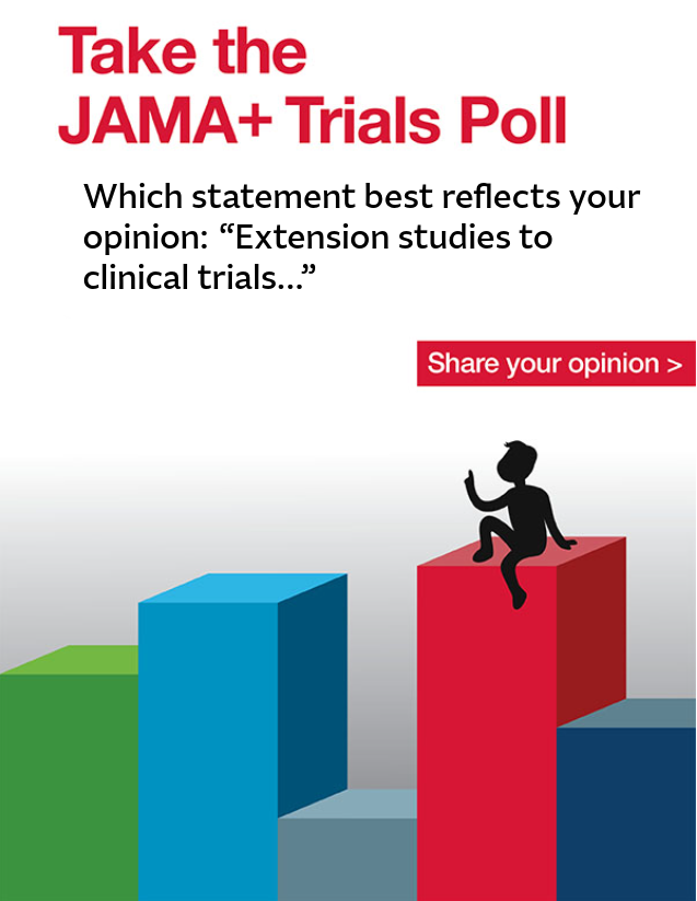 JAMA_current's tweet photo. What statement in our @JAMAplusTrials poll best reflects your opinion on extension studies? 

📊 Cast your vote on 1 of our 5 options in the latest JAMA+ Trials Poll and share your perspective.

🔗 Vote now: https://t.co/bfOsL0Iwhc https://t.co/Zn6O2ueFgN