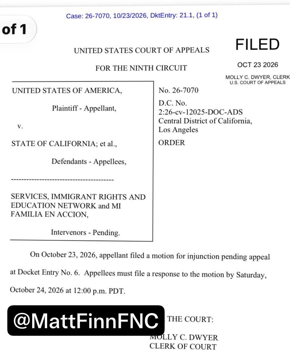 MattFinnFNC's tweet photo. Breaking: 9th Circuit orders California to respond to Trump DOJ emergency appeal by noon tomorrow in case of alleged 20k non-citizen ballots. This is moving. https://t.co/DLVWch4QVD
