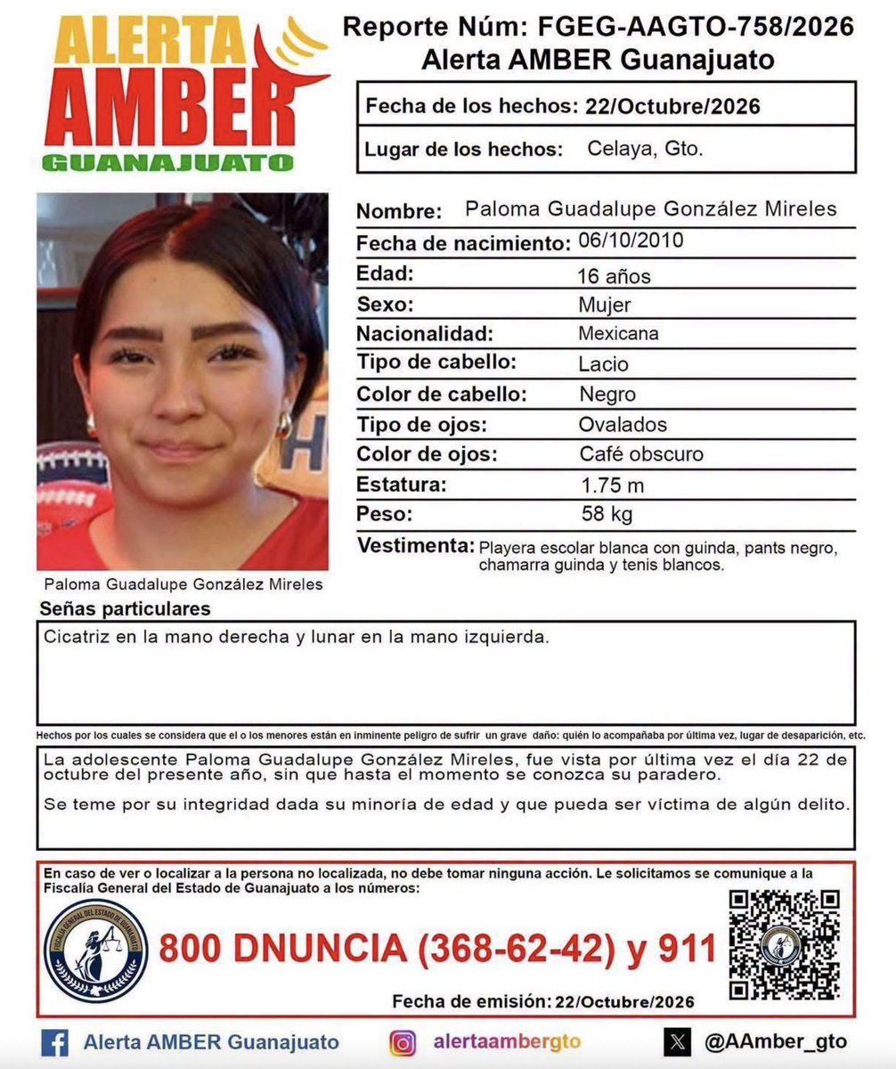 ReporteMxNotic1's tweet photo. Se busca a PALOMA GUADALUPE GONZALEZ MIRELES, desaparecida el 22 DE OCTUBRE DEL 2026 EN CELAYA GUANAJUATO
#HastaEncontrarla @FGEGUANAJUATO @FGRMexico @SSPCMexico
https://t.co/cXak2gyMp4 https://t.co/c2zqETgSXb