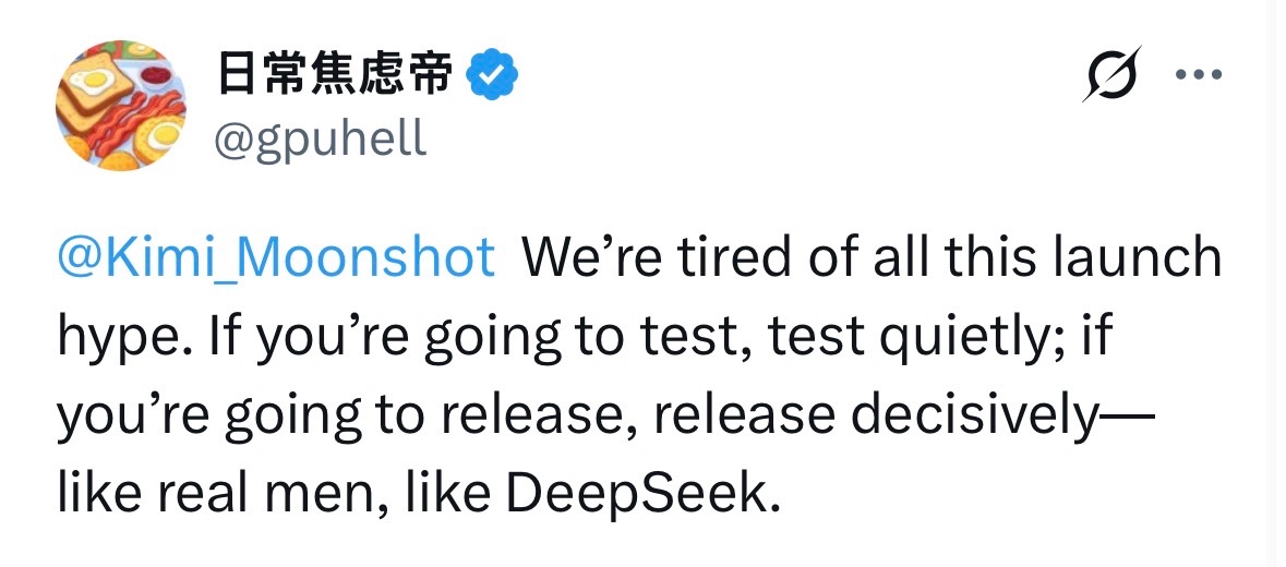 gpuhell's tweet photo. See? What did I say?
Value for money and word of mouth are the best marketing. Kimi’s model isn’t bad, but its usage quota is the lowest among all coding plans I’ve subscribed to. https://t.co/hc2HFBzCIX