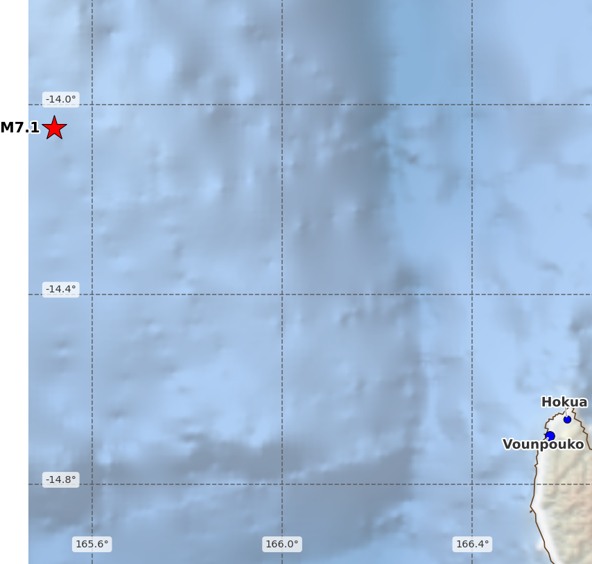 QLARM's tweet photo. [Automatic, not verified!] EARTHQUAKE M7.1. Origin Time: 2026-10-24 02:31:31 UTC, Vanuatu Islands (-14.05 ; 165.52), Depth: 10 km, source: GFZ. Estimated fatalities: 0 to 0, injured: 0 to 0. #earthquake #quake https://t.co/urFyAw8yU7