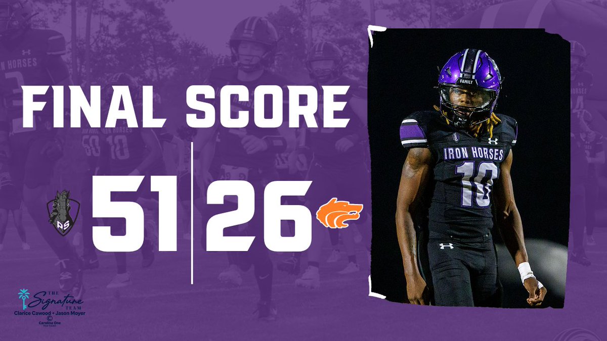 PSIronHorseFB's tweet photo. Final for the Horses! We move to 4-0 in region play, 6-3 overall. Big win over county rival Timberland on the road. See you next week! #W1nTheDay 

Presented by The Signature Team powered by Carolina One — Official Real Estate Team of the Iron Horses. https://t.co/NtB0j4yuS4