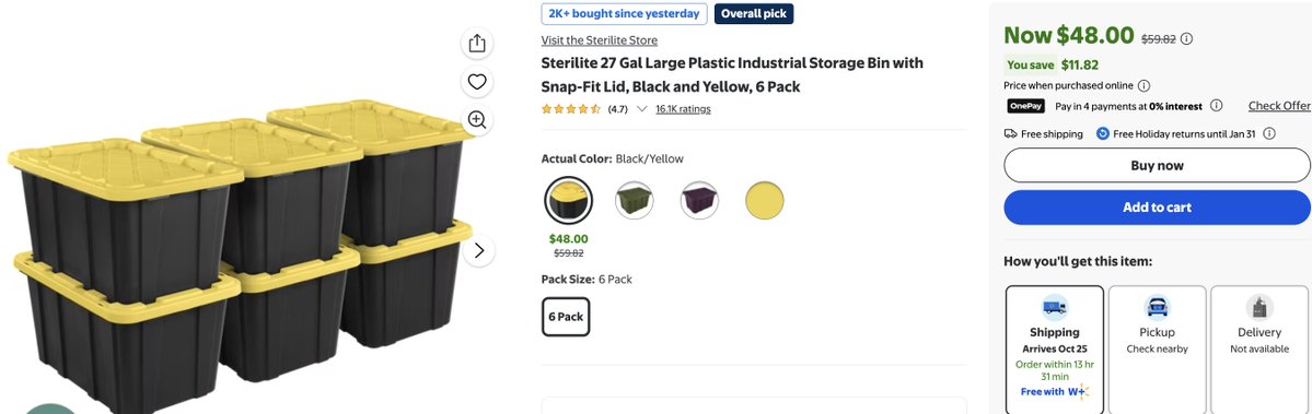 HoomanDeals's tweet photo. ONLY $48! 6 PACK STERILITE 27 GAL LARGE PLASTIC INDUSTRIAL STORAGE BIN WITH SNAP-FIT LID #AD

Only $8 a bin!

https://t.co/wJ6MXAGkuG https://t.co/FVBpLtHplj