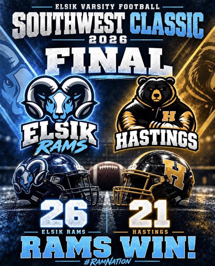 ElsikHighSchool's tweet photo. Southwest Classic victory! The Elsik Varsity Rams defeated Hastings 26–21 in an exciting finish. Our Mighty Rams showed grit, heart, and Ram pride all night. Way to lead the way! #RamNation #LeadTheWay https://t.co/LXd1F8dCvt