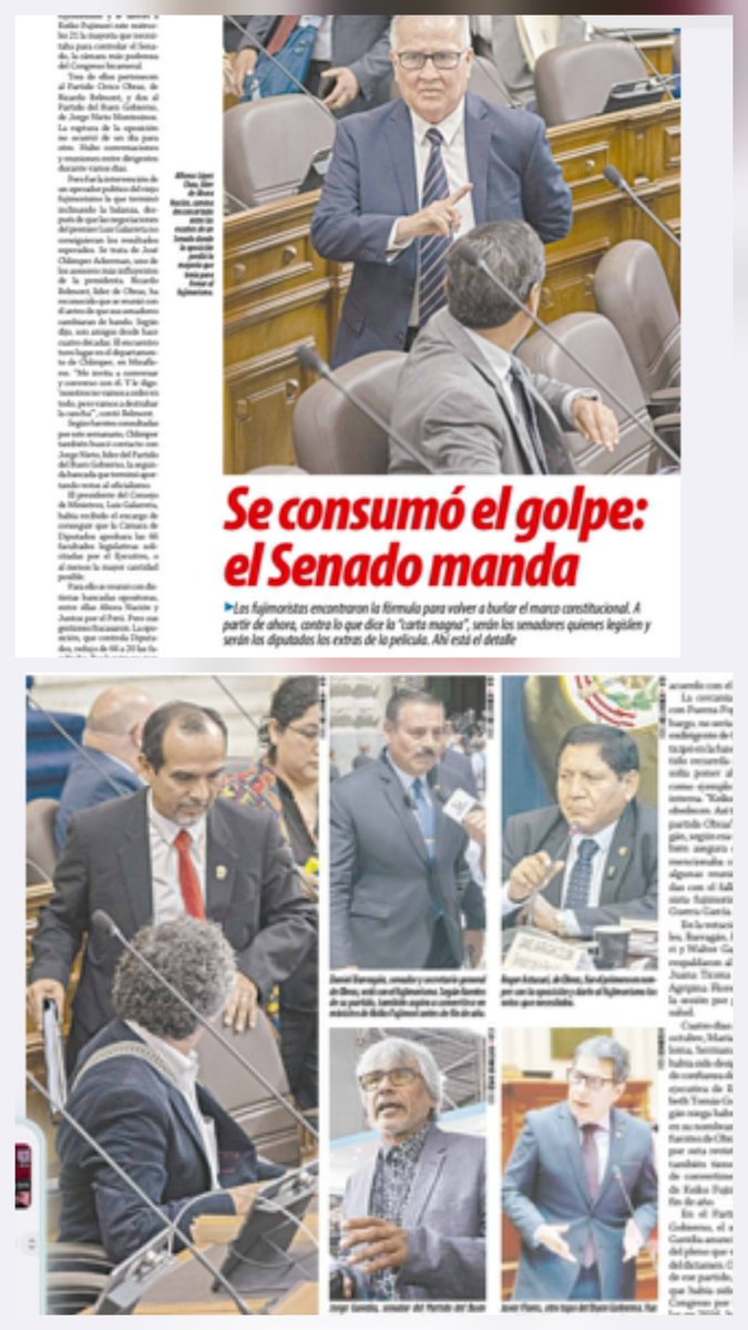 ensustrece's tweet photo. En #Hildebrandt @ensustrece: SE CONSUMÓ EL GOLPE: EL SENADO MANDA por @mecozam. Los fujimoristas encontraron la fórmula para volver a burlar el marco constitucional. A partir de ahora, contra lo que dice la “carta magna”, serán los senadores quienes legislen y serán los diputados los extras de la película. Ahí está el detalle. El reportaje en https://t.co/Yd2EU1qlZG.