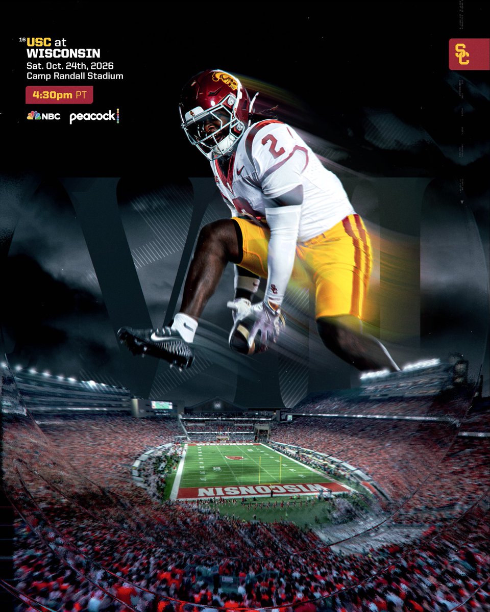 uscfb's tweet photo. Game VIII.

⚔️ October 24 • 4:30PM PT
🏟️ Camp Randall Stadium
📺 NBC / Peacock https://t.co/vITJzAo6Ei