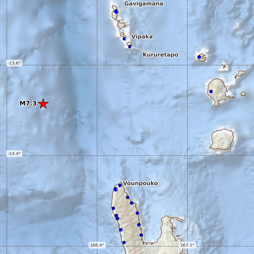 QLARM's tweet photo. [Automatic, not verified!] EARTHQUAKE M7.3. Origin Time: 2026-10-24 02:35:58 UTC, Vanuatu Islands (-13.94 ; 165.92), Depth: 10 km, source: GFZ. Estimated fatalities: 0 to 0, injured: 0 to 10. #earthquake #quake https://t.co/kTVQx7WNBi