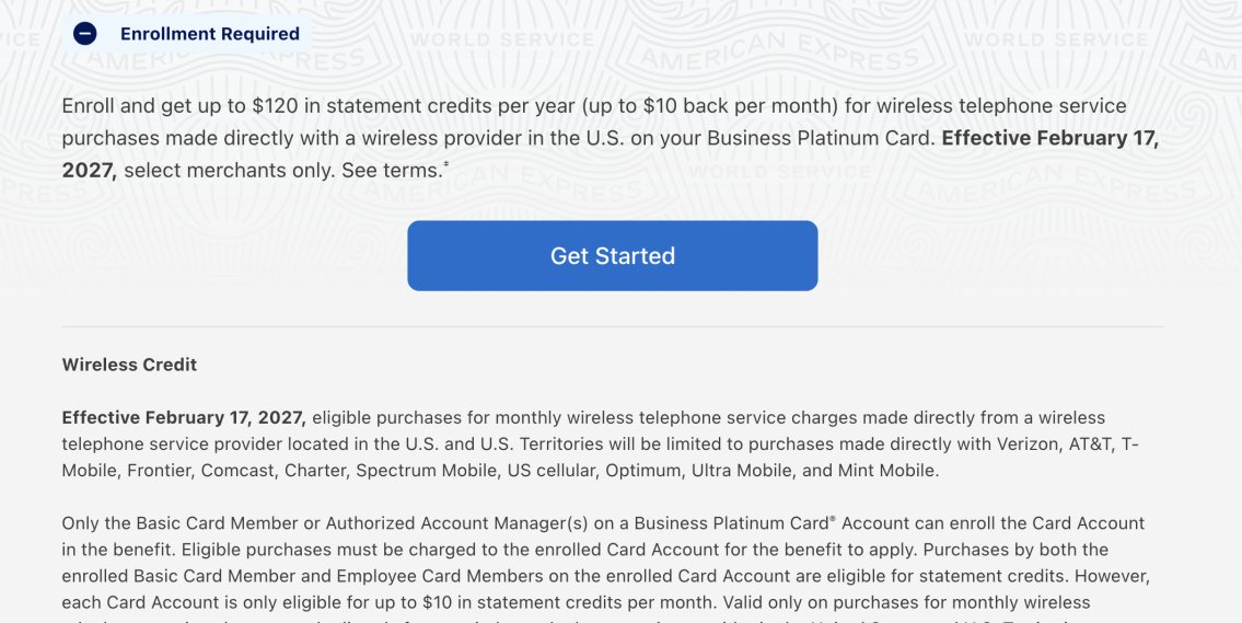 USCCStrategy's tweet photo. #Amex American Express Business Platinum $10 Monthly Wireless Credit Limited To Select Wireless Carriers, effective February 17, 2027
Verizon, AT&amp;T, T-Mobile, Frontier, Comcast, Charter, Spectrum Mobile, UScellular, Optimum, Ultra Mobile, and Mint Mobile. https://t.co/9Uaj7brbkP