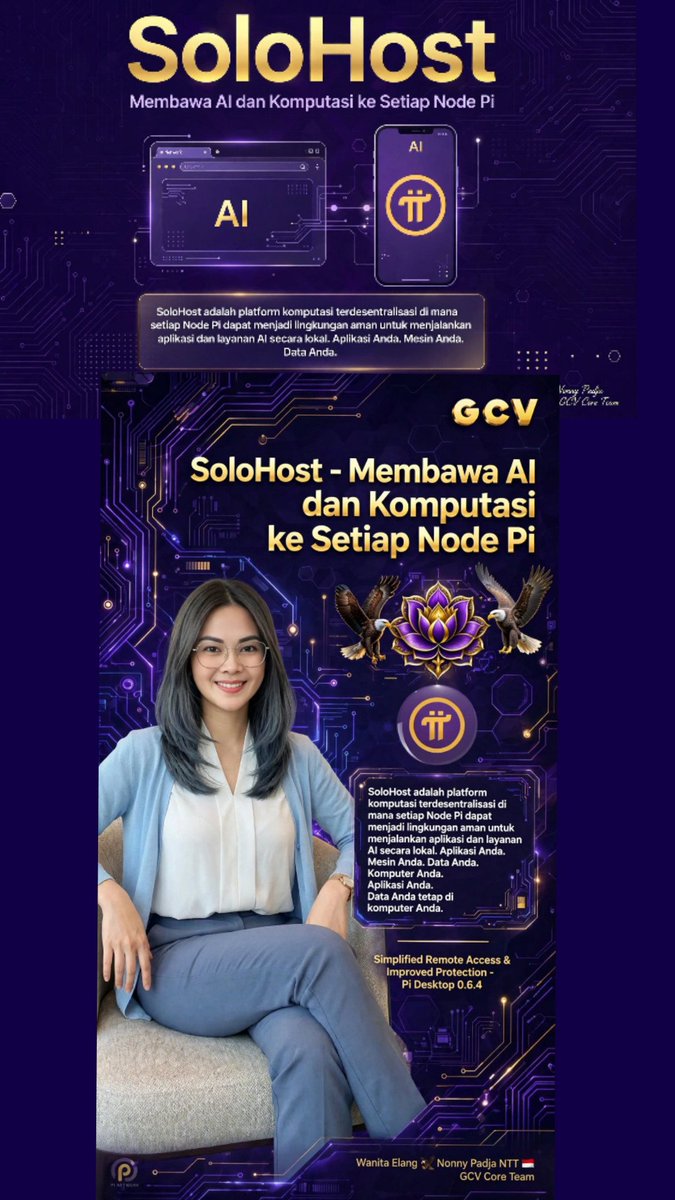 NoncePadja's tweet photo. 🚀 SOLOHOST: Setiap Node Pi = Komputer Cloud Pribadimu
 
Apa itu SoloHost?
Fitur baru di Pi Desktop 0.6.4 — memungkinkan kamu menjalankan aplikasi & AI langsung di komputermu sendiri, bukan di server pusat. Satu klik pasang, aman dan mudah.
 
Intinya:
✅ Aplikasi di komputermu — Data tetap di komputermu
✅ Privasi lebih terjaga, kendali penuh di tanganmu
✅ Aplikasi pertama: Hermes — AI yang berjalan lokal di Nodemu, datamu tak dikirim ke mana pun
 
Mengapa penting?
Pi tak sekadar mata uang — ini membangun ekosistem lengkap:
🔑 Pi Sign-In → Masuk aman
🪪 PiVerify → Identitas terpercaya
🖥️ SoloHost → Tempat aplikasi & AI berjalan
 
Inti pesannya:
Setiap Node Pi bukan sekadar menambang  ia bisa jadi pusat komputasi pribadi, tempat AI dan aplikasimu berjalan aman. Kita bukan hanya menambang koin, kita sedang membangun masa depan digital yang kita miliki sendiri. 💪🦅

Wanita elang 🦅 🐎
Nonny Padja NTT 🇮🇩