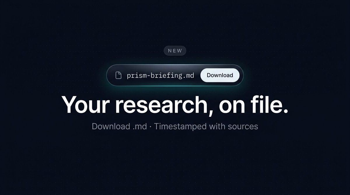 Prism_Data's tweet photo. Your research, on file.

PRISM agent briefings can now be downloaded as .md, stamped with the time and the sources behind them.

Build an archive of how the agents read the chain, run by run. https://t.co/UIkuBj3eBm