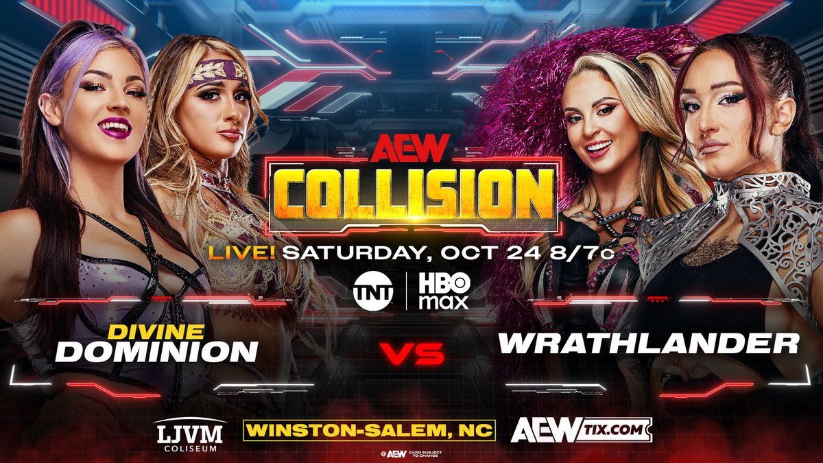 TonyKhan's tweet photo. SATURDAY #AEWCollision TOMORROW
@meganbayne/@Lena_Kross vs Harley Cameron/@callmekrisstat
Before facing the Birds for the Tag Team Title at #AEWFullGear, Stat/Harley want payback on Divine Dominion for Wednesday’s backstage attack!
Divine Dominion collide vs WrathLander TOMORROW! https://t.co/Gi3lZTxOBi