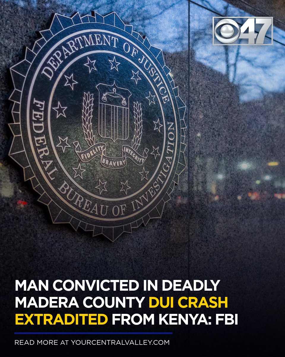 CBS47's tweet photo. A man who fled to Kenya after being convicted of a deadly DUI crash in Madera County 13 years ago was extradited to California on Friday. https://t.co/05k9pPvFuG