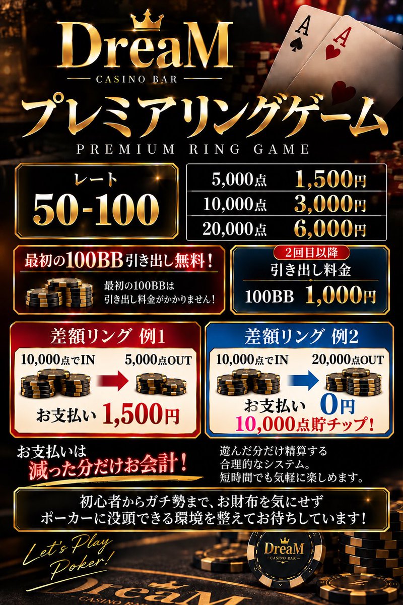 DreaM_CASINOBAR's tweet photo. 🔥♠️ 本日13:00 OPEN！ ♠️🔥

🏰 CASINO BAR DreaM 🏰

🕒 13:00〜19:00
🎰 リングゲーム
♠️ ヘッズアップトーナメント
🎲 カジノ体験

🔥 19:00〜 Saturdayトーナメント開催！ 🔥
⏰ ST 19:00 / RC 21:30

🎫1位FSTチケット１枚🎫

#FST
#FSTサテライト
#久留米ポーカー #福岡ポーカー https://t.co/BPD367VOTC