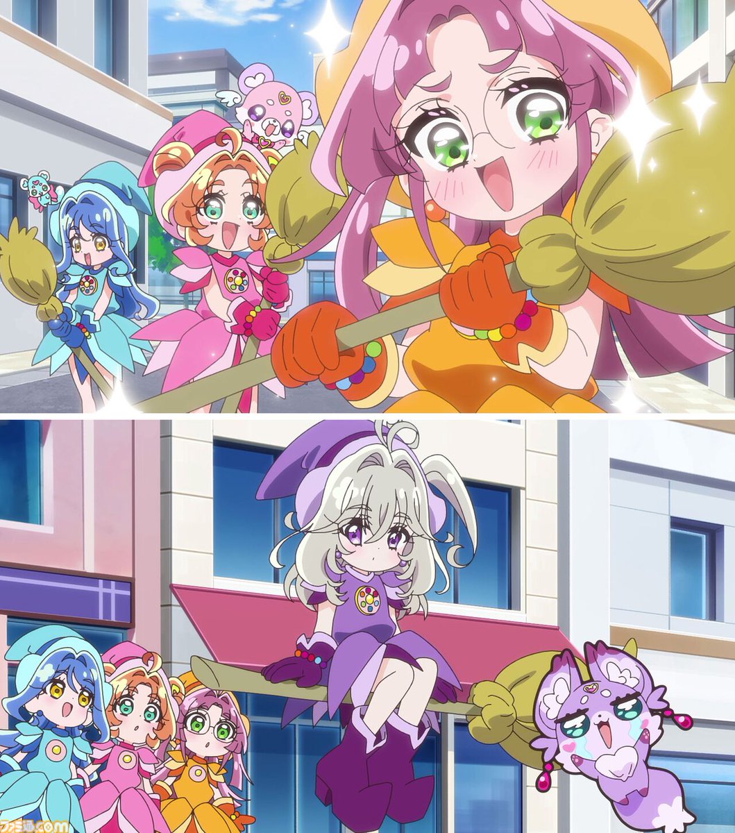 famitsu's tweet photo. 【名探偵プリキュア！】『おジャ魔女どれみ』コラボ回の場面カット公開。あんなたちが魔女見習いの姿に
https://t.co/ljeDxxuSAA

あんなたちの世界にてアニメ『おジャ魔女どれみ』が放送中。スタッフコメントによると、なにやらスペシャルな演出があるという…。10月25日（日）に放送。 https://t.co/Vbrl6OYHUd