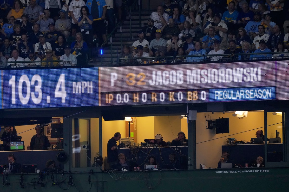 Independent's tweet photo. Brewers' Jacob Misiorowski sets World Series velocity record on his first pitch https://t.co/5j8dAR6mK2 https://t.co/j1b785CFnK