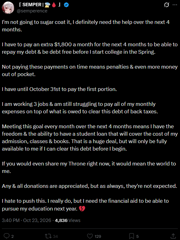 Vensaval's tweet photo. How is it that Vex never feels any embarrassment for her constant begging for money from people?

She is ALWAYS asking for money, man. It's so disgraceful. https://t.co/PiNQ2YKEVM