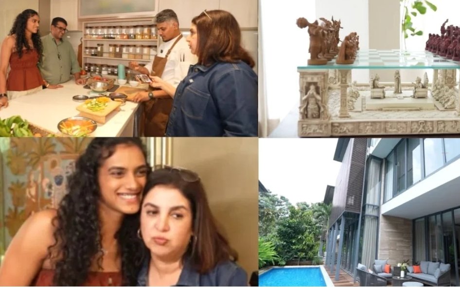 SantaniSubhajit's tweet photo. Two-time Olympic medallist PV Sindhu lives in Bengaluru with her husband Venkat Dutta .

Yesterday, Farah Khan and her cook Dilip  visited her ₹50 crore house for a tour. 

He saw a Mahabharata themed limited audition chess board worth ₹1.75 lakh at...1/2 https://t.co/iLIYlHVsbx