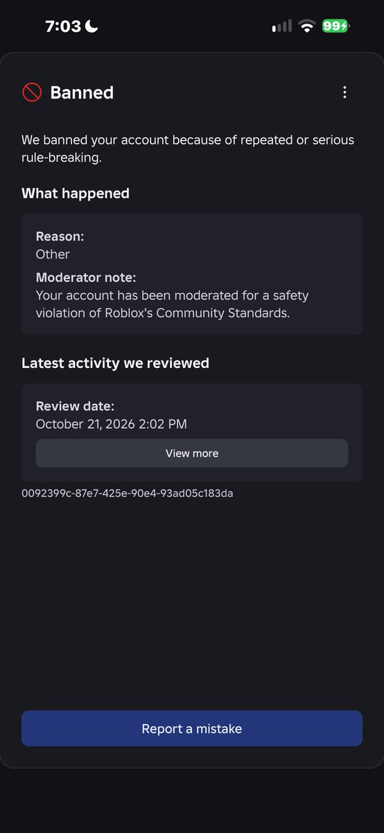 Shadow175952735's tweet photo. #roblox #robloxai #falseban 

We need more attention on this new AI banning innocent players either with “You are banned for being linked to, ex: (Ro*****), (Th*****), etc or being banned for no complete reason.

Roblox has to stop thinking about the money, but their community. https://t.co/cIEwPHKaBl